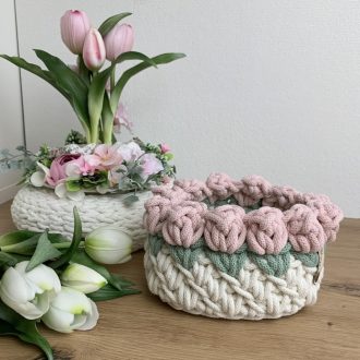 3D tulipános horgolt tároló kosár - kicsi