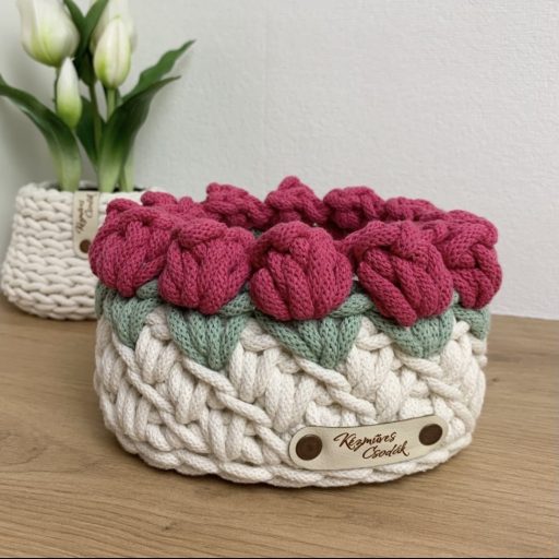 3D tulipános horgolt tároló kosár - kicsi