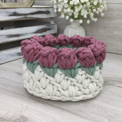3D tulipános horgolt tároló kosár - kicsi