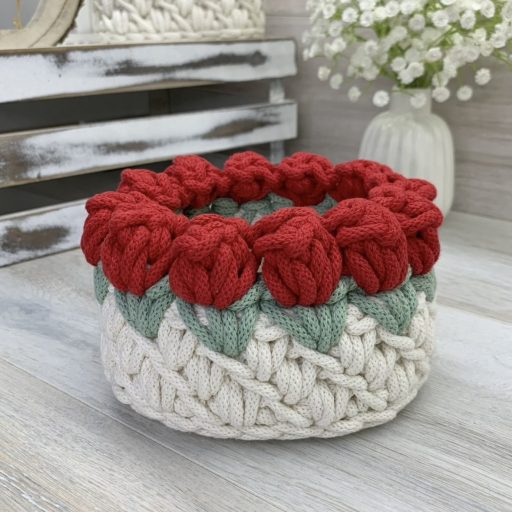 3D tulipános horgolt tároló kosár - kicsi