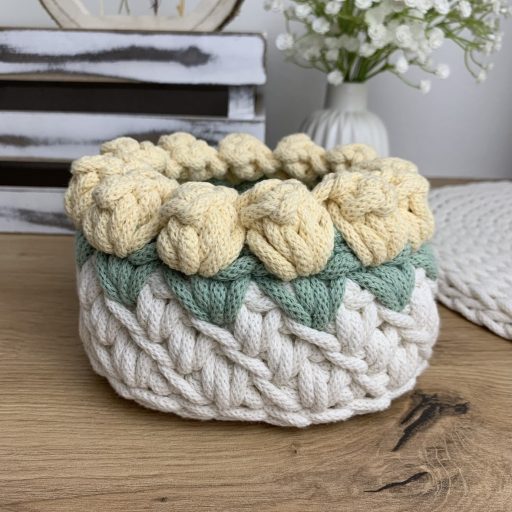 3D tulipános horgolt tároló kosár - kicsi