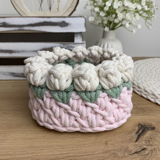 3D tulipános horgolt tároló kosár - kicsi
