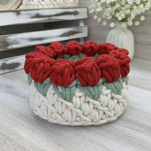 3D tulipános horgolt tároló kosár - Ekrü alap színes virággal, kicsi