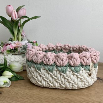 3D tulipános horgolt tároló kosár - nagy