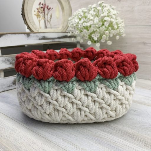 3D tulipános horgolt tároló kosár - nagy