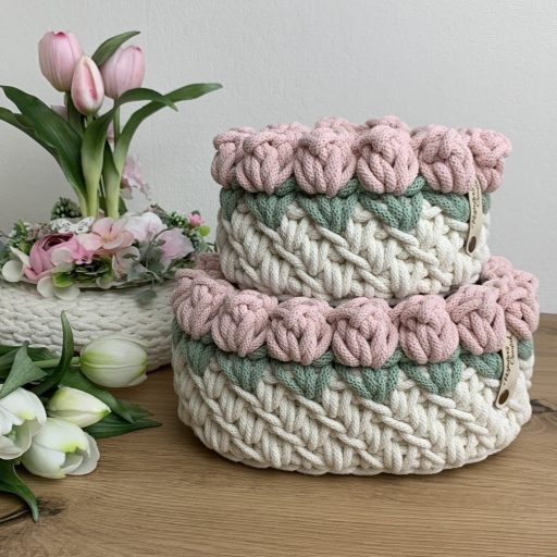 3D tulipános horgolt tároló kosár - nagy