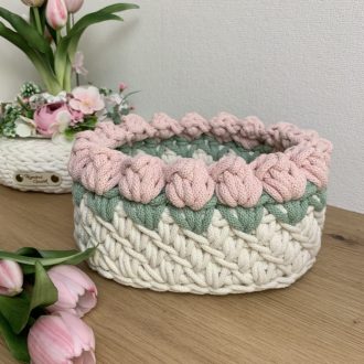 3D tulipános horgolt tároló kosár - nagy