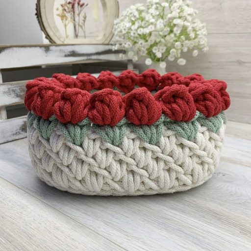 3D tulipános horgolt tároló kosár - nagy