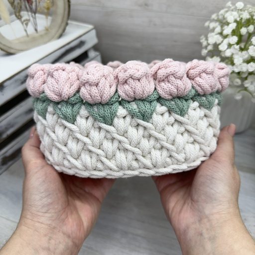 3D tulipános horgolt tároló kosár - nagy