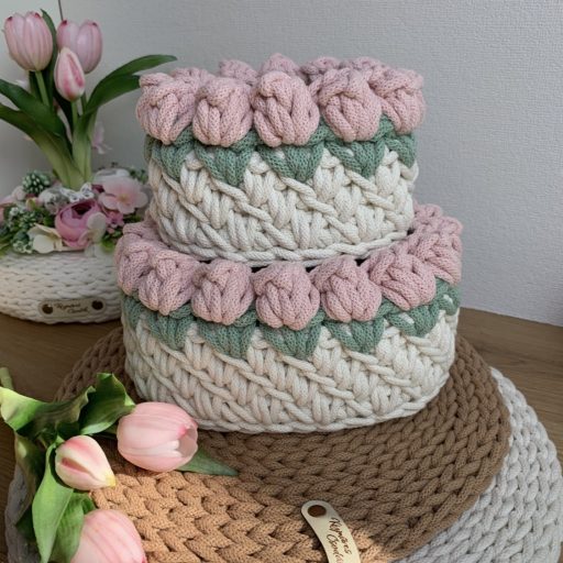 3D tulipános horgolt tároló kosár - nagy
