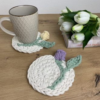 3D tulipános horgolt poháralátét - Csillogó Lavender