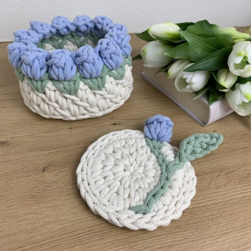 3D tulipános horgolt poháralátét - Világoskék