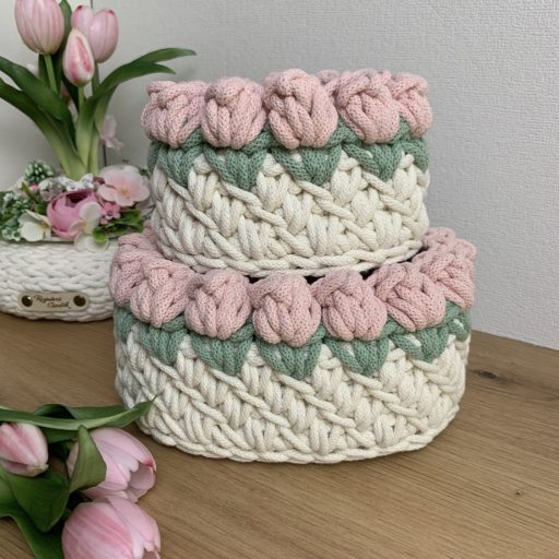 3D tulipános horgolt tároló kosár - Ekrü alap Púder virággal, kicsi
