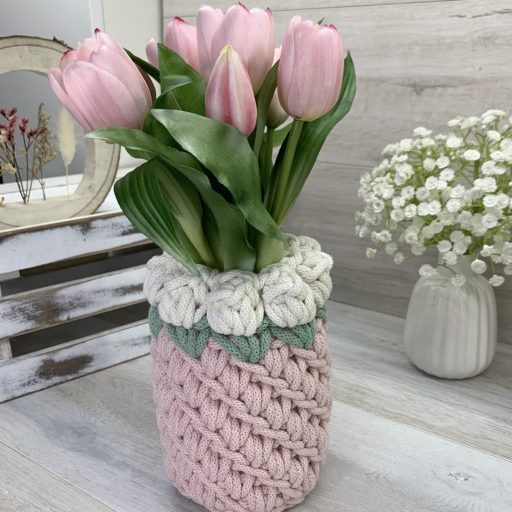 3D tulipános horgolt váza - Színes alap, Ekrü virággal