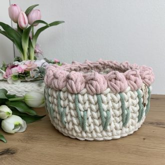 3D tulipános horgolt tároló kosár - nagy, kerek