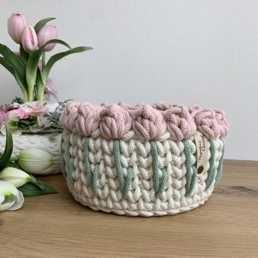 3D tulipános horgolt tároló kosár - nagy, kerek