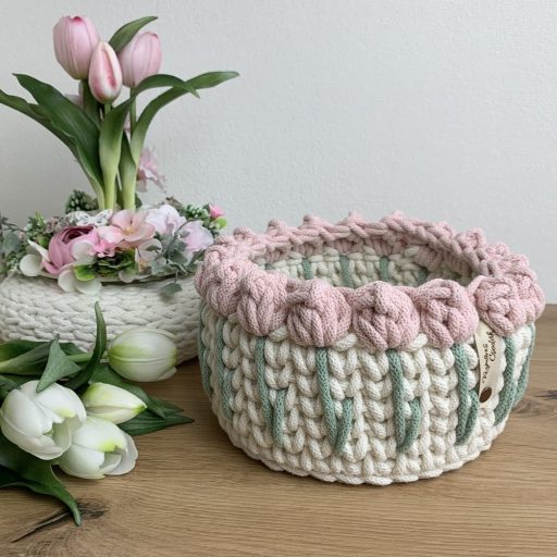 3D tulipános horgolt tároló kosár - nagy, kerek