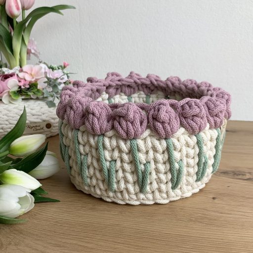 3D tulipános horgolt tároló kosár - nagy, kerek