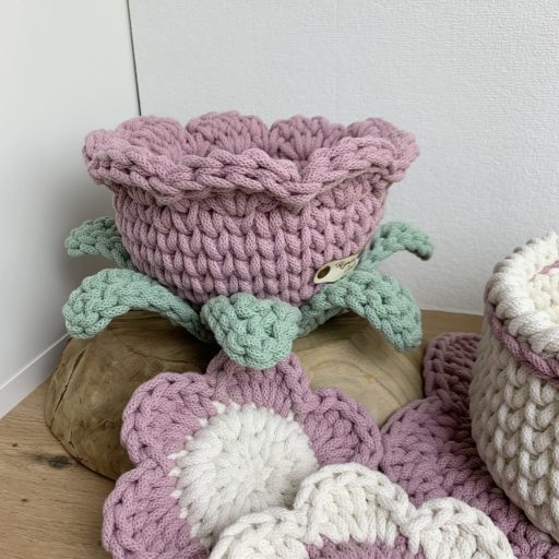 Nem hervadó virágkosár, horgolt tároló - nagy